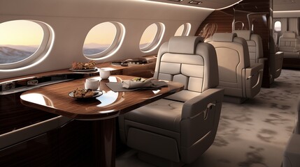 Luxe private jet interior with leather club chairs, work tables, and compact galley kitchen - obrazy, fototapety, plakaty