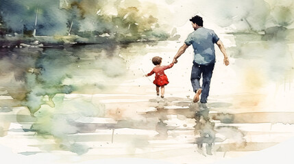 Fototapeta premium A man and a child are walking together.