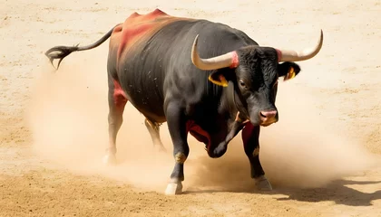 Wandcirkels aluminium A Bull Kicking Up Dust In A Bullfight © Kaaif
