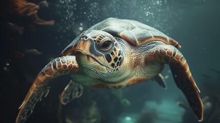 Fototapeta premium Sea turtle swimming in the ocean. Underwater world.