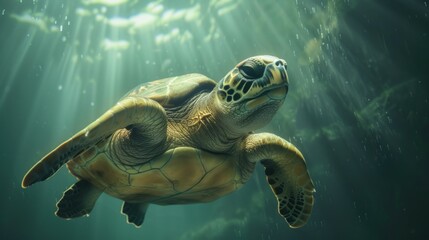 Fototapeta premium Sea turtle swimming in the ocean. Underwater world.
