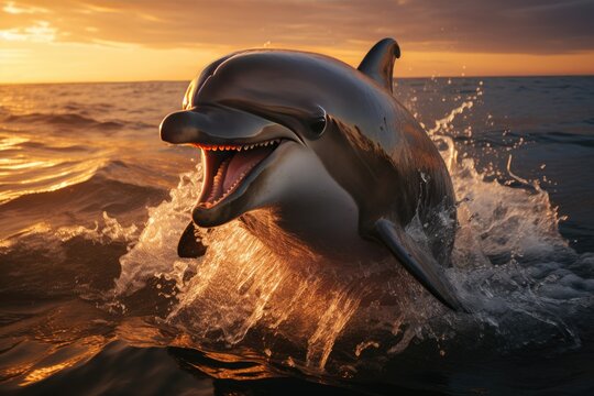 Dolphins jumping under the sunset in the bow., generative IA