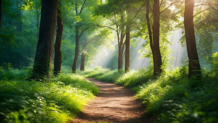 Fototapeta na wymiar Photo real for Lush green forest path dappled with sunlight in Summer Season theme ,Full depth of field, clean bright tone, high quality ,include copy space, No noise, creative idea