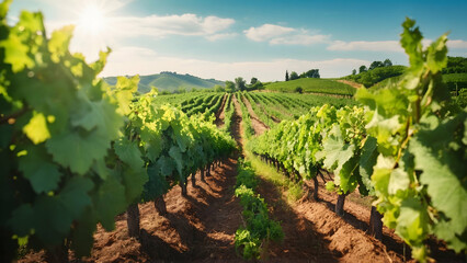Photo real for Lush green vineyard rows under the bright summer sun in Summer Season theme ,Full depth of field, clean bright tone, high quality ,include copy space, No noise, creative idea