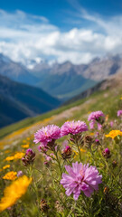 Photo real for Mountain range with wildflowers blooming in the summer in Summer Season theme ,Full depth of field, clean bright tone, high quality ,include copy space, No noise, creative idea