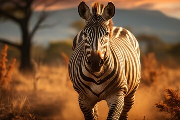 Zebra graphically troting in the Poeirent Savana., generative IA - obrazy, fototapety, plakaty
