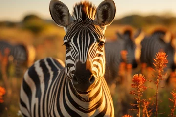 Foto op Canvas Zebra curiously interacting in the scene of Savana., generative IA © JONATAS