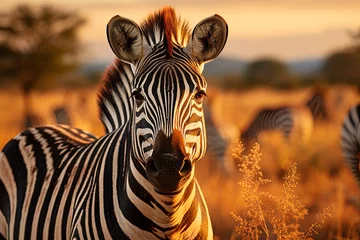 Rolgordijnen Zebra curiously interacting in the scene of Savana., generative IA © JONATAS