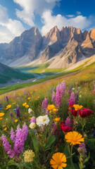 Fototapeta na wymiar Photo real for Mountain range with wildflowers blooming in the summer in Summer Season theme ,Full depth of field, clean bright tone, high quality ,include copy space, No noise, creative idea