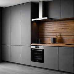 Fototapeta premium Dark grey minimalist kitchen set with appliances and shelves, front view. Grey luxury kitchen with oven and backlight, grey floor,