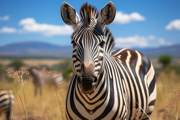 Fototapeta na wymiar Elegant zebra displays her stripes in the African savannah., generative IA