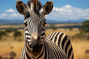Fotobehang Elegant zebra displays her stripes in the African savannah., generative IA © JONATAS