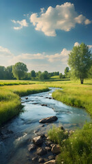 Photo real for Peaceful meadow with a babbling brook under the summer sky in Summer Season theme ,Full depth of field, clean bright tone, high quality ,include copy space, No noise, creative idea