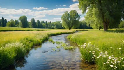 Photo real for Peaceful meadow with a babbling brook under the summer sky in Summer Season theme ,Full depth of field, clean bright tone, high quality ,include copy space, No noise, creative idea