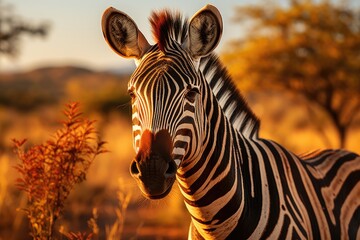Zebra warns in the sunset at sunset., generative IA - obrazy, fototapety, plakaty