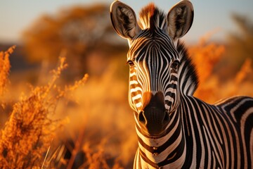 Fototapeta premium Zebra warns in the sunset at sunset., generative IA