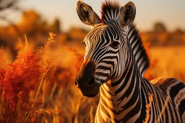 Zebra warns in the sunset at sunset., generative IA - obrazy, fototapety, plakaty