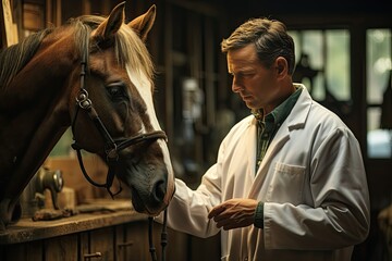 Serene horse receiving veterinary care in stable., generative IA - obrazy, fototapety, plakaty