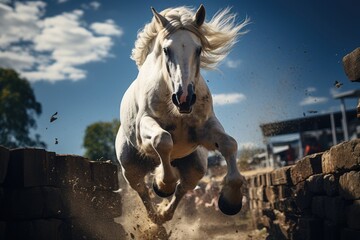 Horse jumping with grace on the equestrian track., generative IA - obrazy, fototapety, plakaty