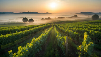 Photo real for Rolling vineyards at sunrise with morning mist in Summer Season theme ,Full depth of...