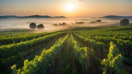 Fototapeten Photo real for Rolling vineyards at sunrise with morning mist in Summer Season theme ,Full depth of field, clean bright tone, high quality ,include copy space, No noise, creative idea © Gohgah