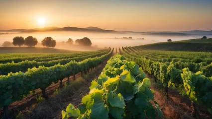 Fotobehang Photo real for Rolling vineyards at sunrise with morning mist in Summer Season theme ,Full depth of field, clean bright tone, high quality ,include copy space, No noise, creative idea © Gohgah