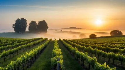 Foto op Plexiglas Photo real for Rolling vineyards at sunrise with morning mist in Summer Season theme ,Full depth of field, clean bright tone, high quality ,include copy space, No noise, creative idea © Gohgah