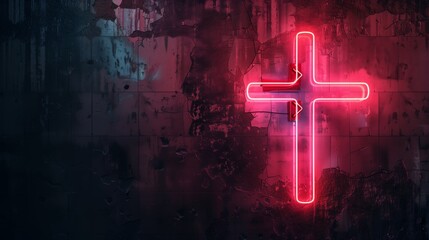 Neon Cross text on dark wall background high resolution