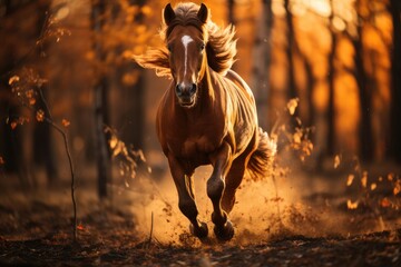 Horse troting in surrounded by sunset., generative IA - obrazy, fototapety, plakaty
