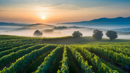 Photo real for Rolling vineyards at sunrise with morning mist in Summer Season theme ,Full depth of...