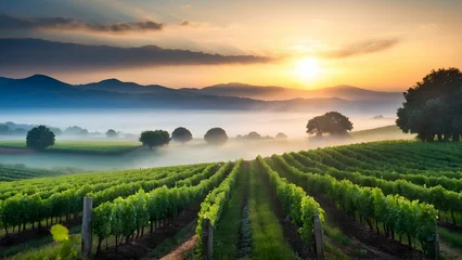 Poster Photo real for Rolling vineyards at sunrise with morning mist in Summer Season theme ,Full depth of field, clean bright tone, high quality ,include copy space, No noise, creative idea © Gohgah