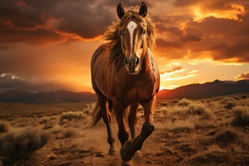 Horse troting in surrounded by sunset., generative IA