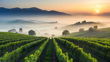 Foto op Canvas Photo real for Rolling vineyards at sunrise with morning mist in Summer Season theme ,Full depth of field, clean bright tone, high quality ,include copy space, No noise, creative idea © Gohgah