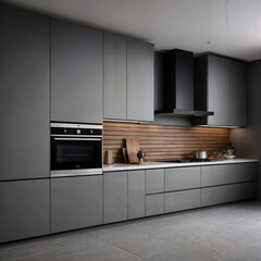 Dark grey minimalist kitchen set with appliances and shelves, front view. Grey luxury kitchen with oven and backlight, grey floor,