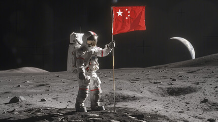 Chinese astronaut with chinese flag on the moon