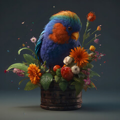 A bird sitting on a pot of flowers, Beautiful bird resting in floral bouquet