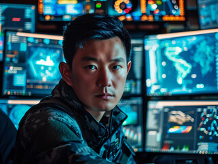 An Asian military hacker working behind a complex online system to gain information and top secrets from other countries. - 767994178