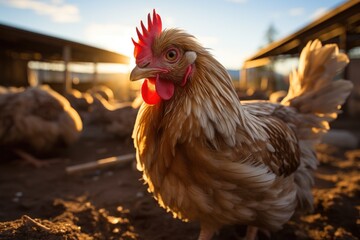 Chickens interact excitedly in the chicken coop., generative IA