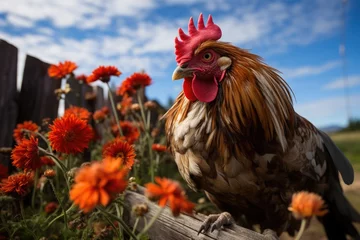 Raamstickers Curious chicken in a rural fence., generative IA © JONATAS
