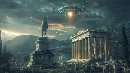 A scene showing a UFO gliding silently above the Statue of Zeus at Olympia illuminating the colossal statue with its unearthly glow - obrazy, fototapety, plakaty