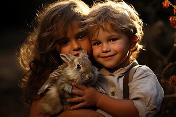 Smiling child caresses cute rabbit., generative IA - obrazy, fototapety, plakaty