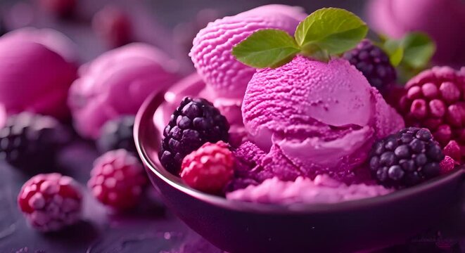 Berry ice cream decorated with berries in a bowl