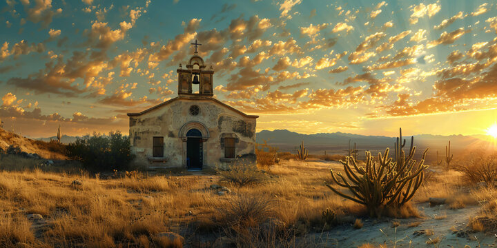 mexican church with cactus in the sunset desert
