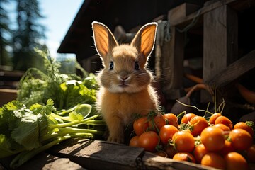 Curious rabbit exploring fresh carrots., generative IA - obrazy, fototapety, plakaty