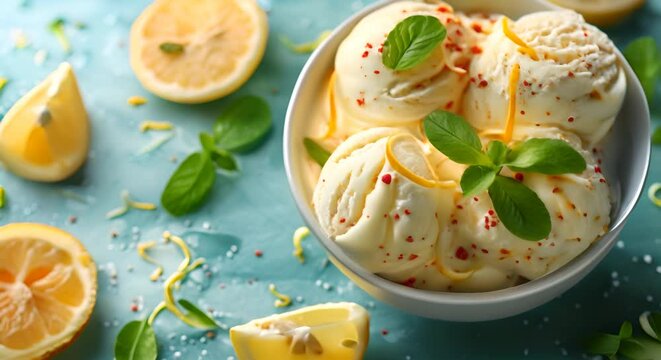 Lemon ice cream with mint leaves. Citrus ice cream in a bowl