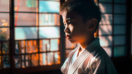 Afwasbaar fotobehang asian kid in karate uniform looks through the window. Shadows and light portrait. Sports and wellness theme. © laetitiae