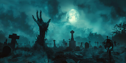 halloween background, Hand of the zombie coming out from ground on  full moon night sky with fog and tombstones background, scarry night horror, banner