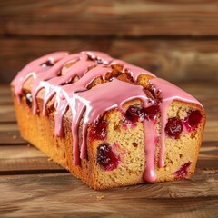 The image depicts a loaf of cherry bread, with a visibly moist and tender crumb, studded with chunks of bright red cherries