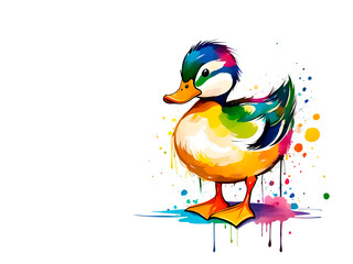 Obraz premium The painting of colorful ducks, domestic ducks, and wild ducks on a splashing white background
