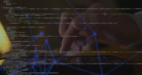 Finger scrolling the screen smartphone. Animation code lines data processing. Global online network digital interface technology